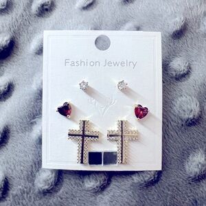3 Pairs of Studs, Silver and Red